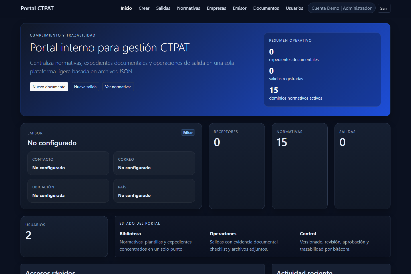 Dashboard del portal CTPAT con resumen de emisor, receptores, normativas y documentos