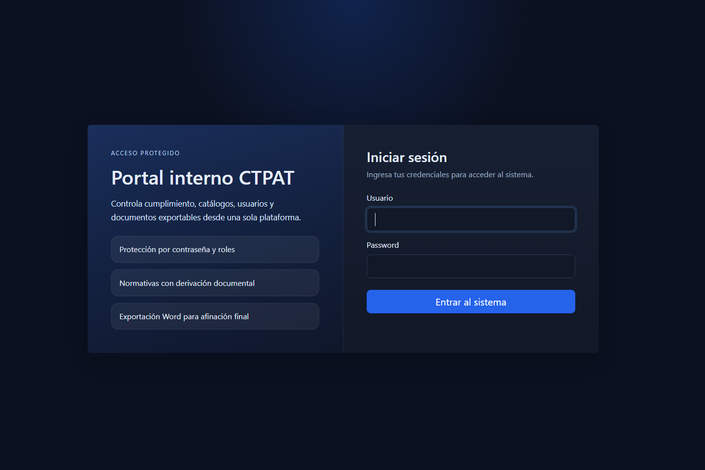 Pantalla de acceso protegido del portal CTPAT