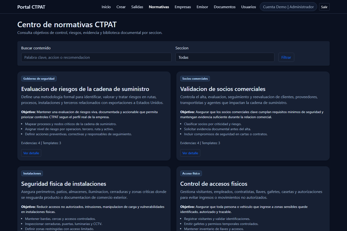 Centro de normativas CTPAT con buscador y dominios de control