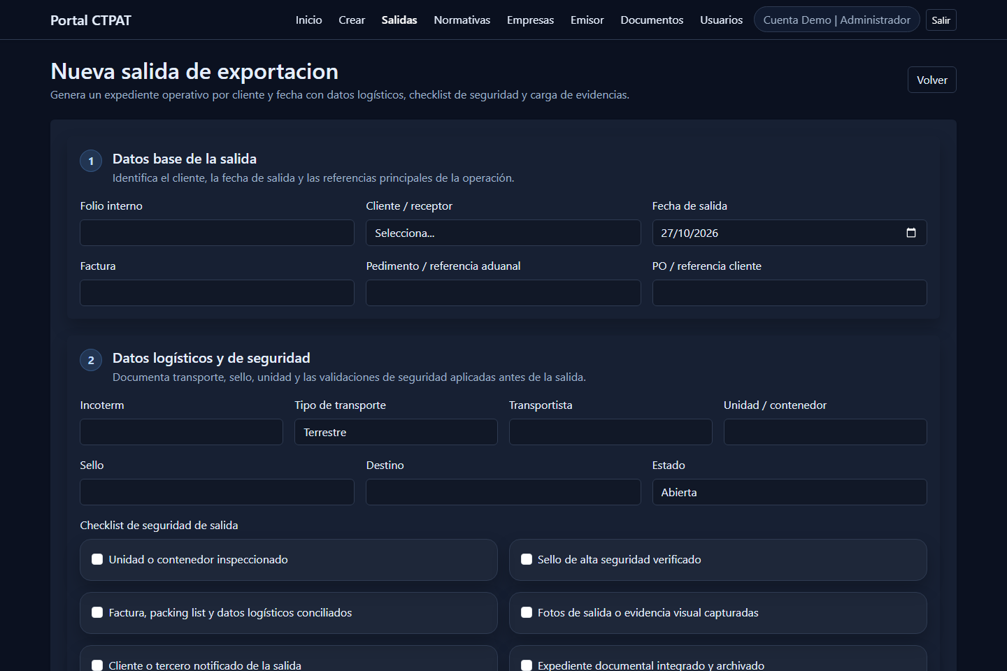 Formulario de nueva salida de exportación con datos logísticos y checklist